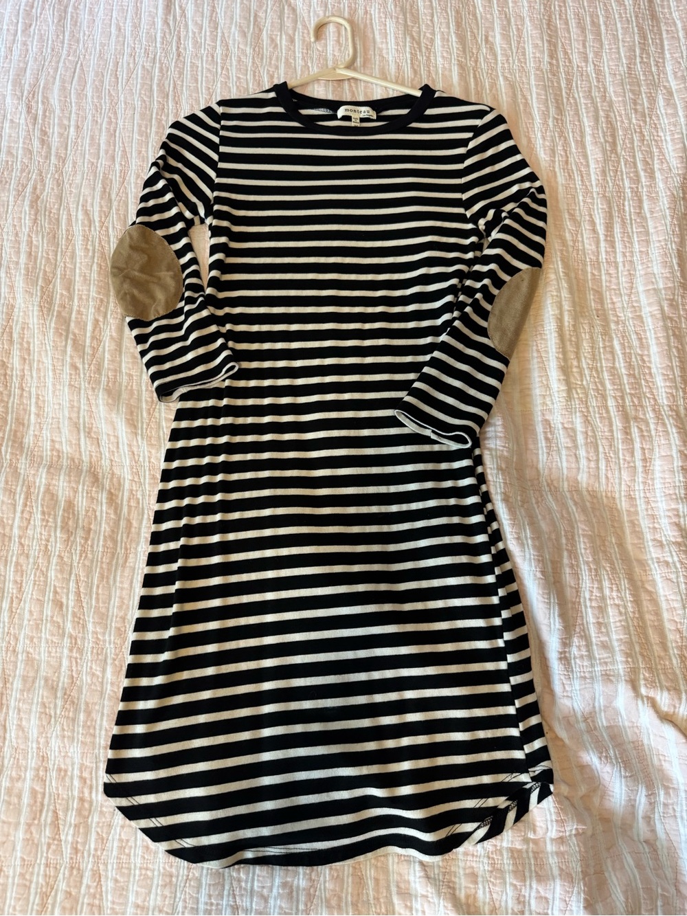 Monteau Striped Black White Shift Dress with Tan Elbow Patches